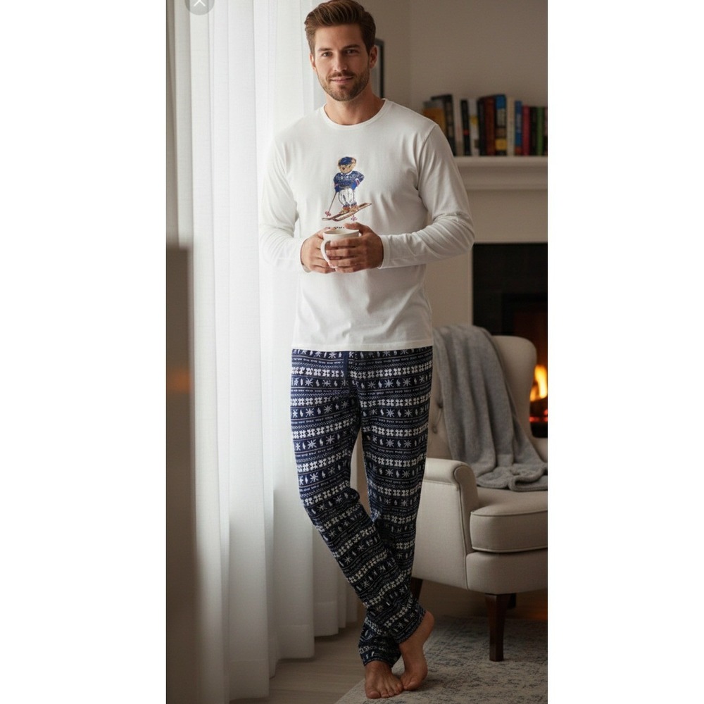 Polo Ralph Lauren Mens Skiing Bear Pajama Set Long Sleeve Top Pants M NWT